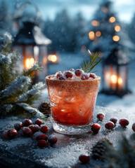 cranberry cocktail in snowy winter setting