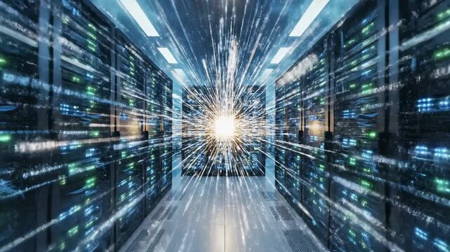 Flujos de informaci&oacute;n digital en red y servidores en centro de datos &mdash; fondo abstracto de tecnolog&iacute;a, IA y procesamiento de datos.