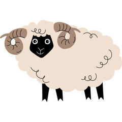Stylized Ram Sheep with Curly Wool Large Curved Horns and Black Face on White Background Simple Cartoon Animal Illustration