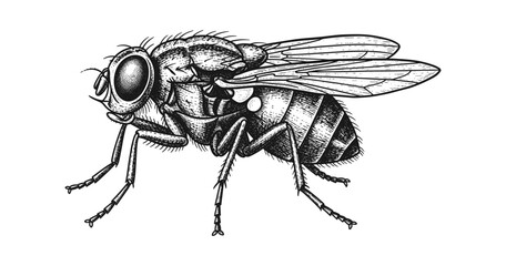 Detailed black and white engraving of a fly with intricate shading and texture