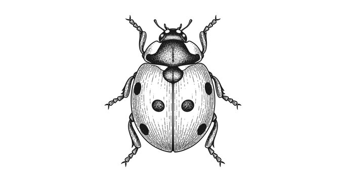Intricate black and white ladybug sketch with detailed lines and spots