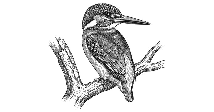 Detailed black and white kingfisher on branch for nature art