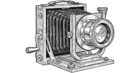 Intricate vintage camera design in detailed hand-drawn style