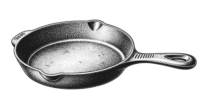 Vintage cast iron skillet with textured handle in engraved style