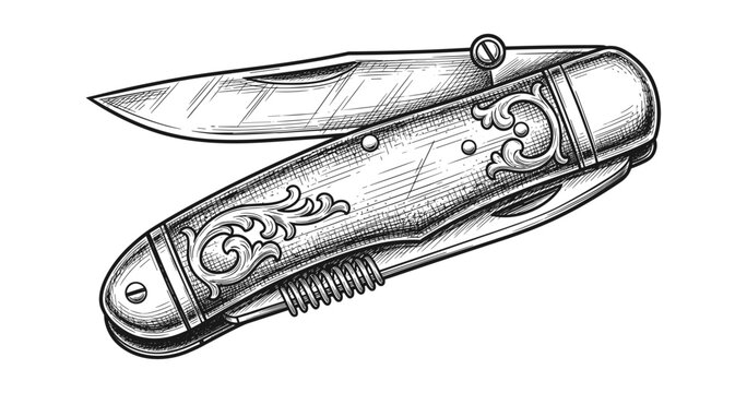 Detailed engraved pocket knife with ornate design in sketch style