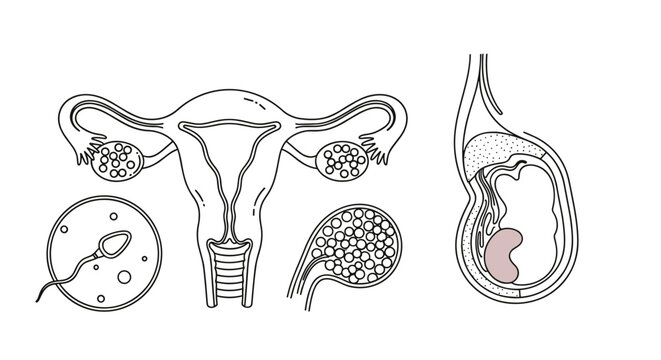 Illustration of the female reproductive system with uterus and early embryo view