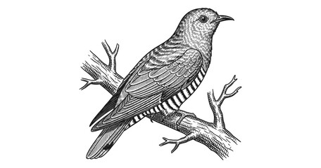Fototapeta premium Detailed black and white engraving of a bird on branch