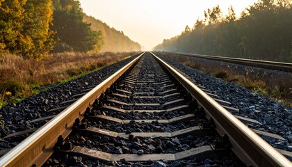 Obraz premium Scenic Train Tracks Through Autumn Forest at Hazy Sunrise