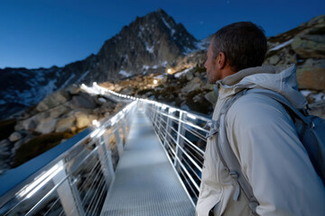 A man standing on a bright bridge, gazing up at a majestic mountain range, signifying adventure and the allure of exploration in nature's beauty during twilight.