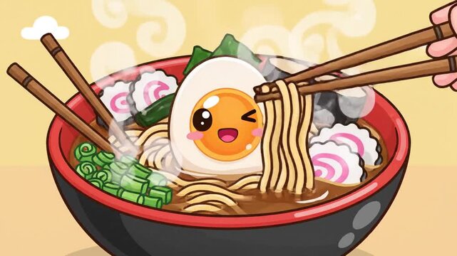 Animated ramen bowl with a smiling egg, chopsticks, and garnishes. Cartoon style with steam