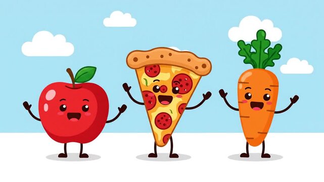 Animated food trio of an apple, pizza, and carrot waving under a blue sky with clouds