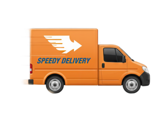 Orange Box Truck with White Arrow Emblem and Blue "SPEEDY DELIVERY" Text Isolated on Transparent Background