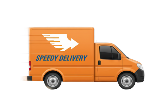 Orange Box Truck with White Arrow Emblem and Blue "SPEEDY DELIVERY" Text Isolated on Transparent Background