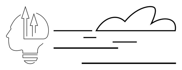 Modern minimal design of head lightbulb with up arrows and cloud. Ideal for innovation, creativity, growth, vision, leadership, technology, collaboration. Simple flat metaphor