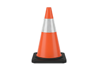 Orange traffic cone with reflective silver band on a black base isolated on a transparent background for safety and construction signage