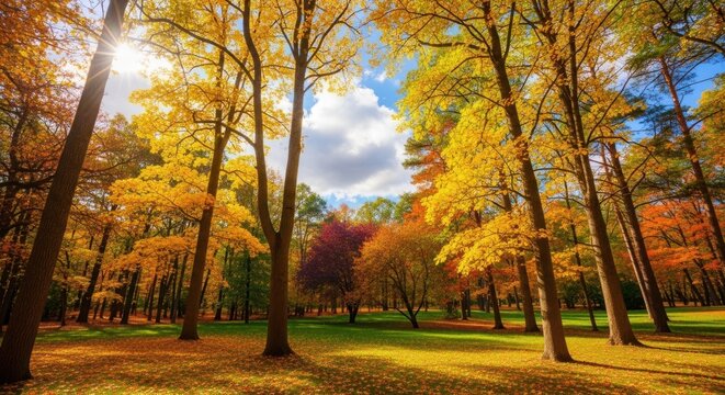 Sunlit forest floor covered in fallen leaves during peak autumn foliage.