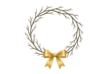 Twig wreath decorating a golden bow, celebrating festive holidays and christmas, transparent background