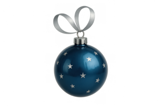 Blue christmas ornamental bauble with white stars hanging from a silver ribbon, transparent background