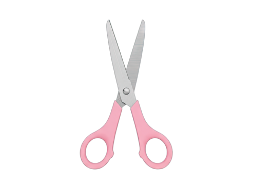 Pair Of Pink Handled Scissors With Silver Metal Blades Isolated On A Transparent Background Showing Their Cutting Edge