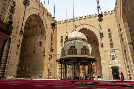 Interior courtyard and ablution fountain of Sultan Hassan Mosque in Cairo