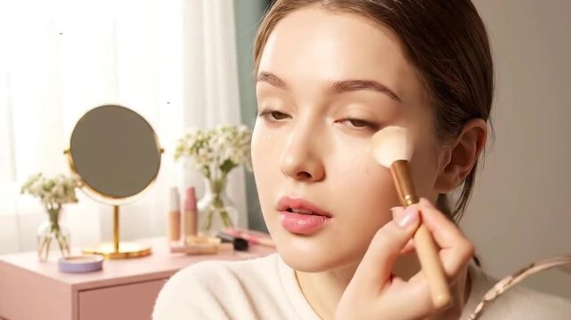 Close-up of a Woman Applying Makeup with a Brush in a Room with Warm Natural Light at a Vanity Table with Makeup and Mirror for a