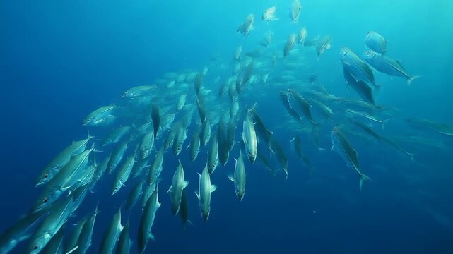 School of Fish, Jackfish Swarm Underwater, Ocean Life, Marine Biology