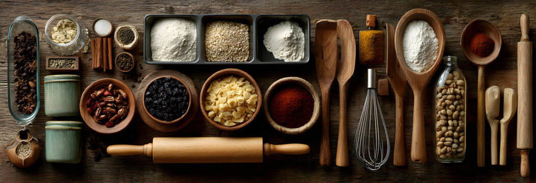 Christmas food. Ingredients for cooking Christmas baking and kitchen utensils, top view