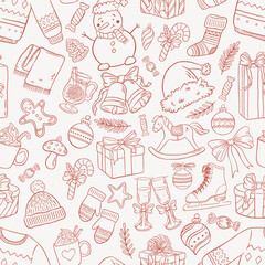 Doodle Christmas holiday seamless pattern with gifts, sweets and winter decorations elements. Vector illustration