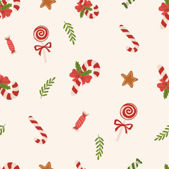 Cute Christmas holiday candy cane and sweets seamless pattern. Festive background. Vector illustration