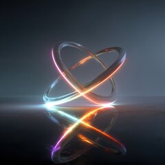 Abstract Metallic Rings Intertwined With Neon Lights And Reflection On Dark Background