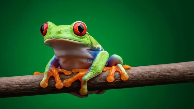 A vibrant red-eyed tree frog sits perched on a branch against a solid green background, showcasing its bright colors and textured skin.