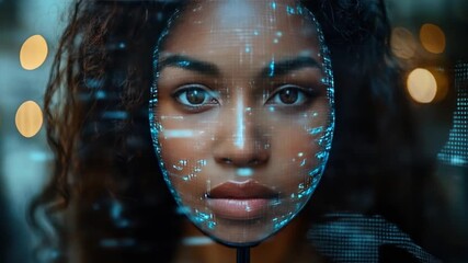 A beautiful woman with dark skin is having her face scanned by digital technology, creating a face mapping - Powered by Adobe