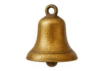 Antique brass bell with crackled texture, sounding an alarm, announcing an event, or celebrating christmas, transparent background