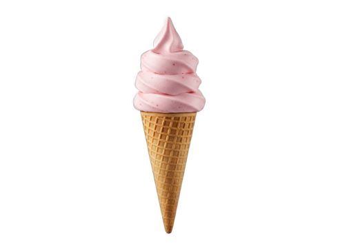 Pink Strawberry Soft Serve Ice Cream in a Waffle Cone Isolated on a Transparent Background