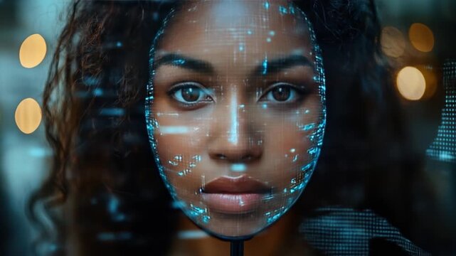 A beautiful woman with dark skin is having her face scanned by digital technology, creating a face mapping