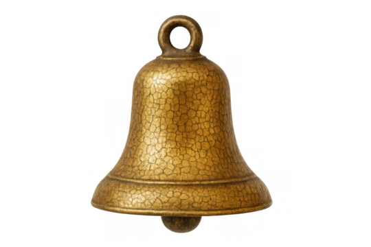 Antique brass bell with crackled texture, sounding an alarm, announcing an event, or celebrating christmas, transparent background