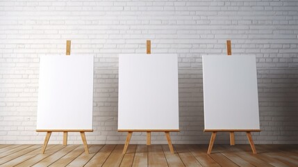 Three blank canvas easels against brick wall