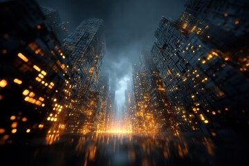 Futuristic Cityscape With Glowing Orange Lights And Dark Moody Sky