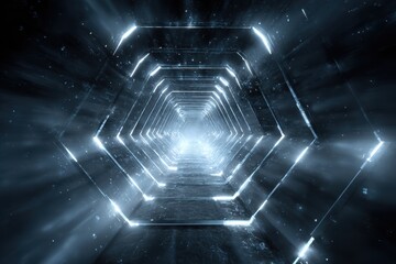 Futuristic Glowing Hexagonal Tunnel With Light Rays And Particles In Deep Space