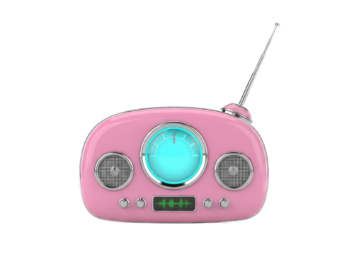 Retro Pink Radio With Silver Accents And Blue Dial Displaying Music Notes On A Transparent Background - Powered by Adobe