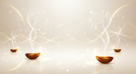 Illuminated oil lamps emit smoke and glow against a shimmering, ornate background.