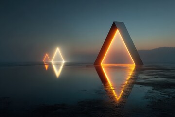 Futuristic Triangular Structures Illuminated by Neon Lights Reflecting on a Wet Surface at Dusk