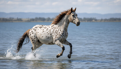 Fototapeta premium Majestic Spotted Appaloosa Galloping in Blue Water with Splashes
