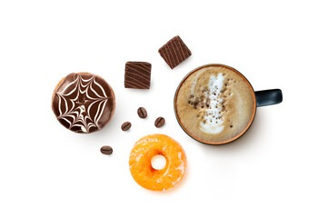 Flat lay of Coffee cup with tasty donuts and layerconcept
beverage
menu
chocolate
layer cake
 cake on white background. Top view
