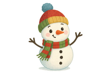 Cute snowman character wearing warm scarf and bobble hat, celebrating winter holidays and christmas season