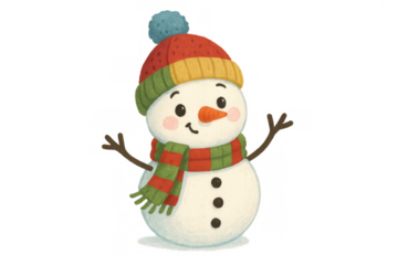 Cute snowman character wearing warm scarf and bobble hat, celebrating winter holidays and christmas season