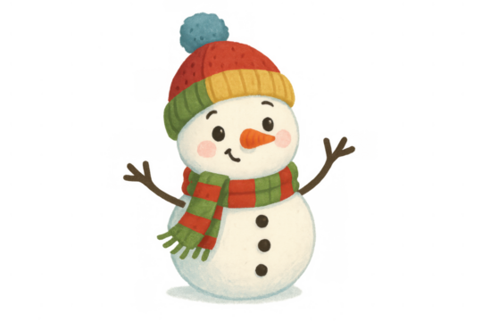Cute snowman character wearing warm scarf and bobble hat, celebrating winter holidays and christmas season