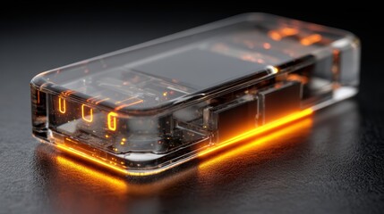 Transparent USB Drive with Glowing Orange Circuits and Data Flow on Wet Surface