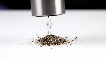 Close-up shot of water pouring onto a pile of black pepper on a white surface.