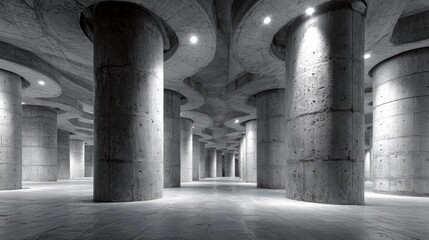 Vast Underground Parking Garage With Numerous Concrete Columns Illuminated By Spotlights
